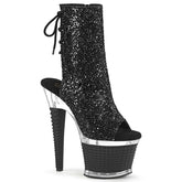 Pleaser SPECTATOR-1018G Black Glitter 7 Inch (178mm) Heel, 3 Inch (76mm) Textured Platform Open Toe/Heel Lace-Up Back Ankle Boot With Hidden Zip Pocket, Inside Zip Closure
